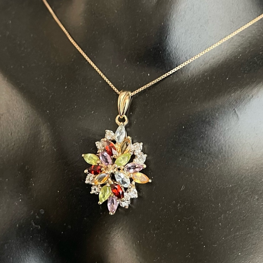 Multicolor gem 925 sterling silver cluster chain necklace